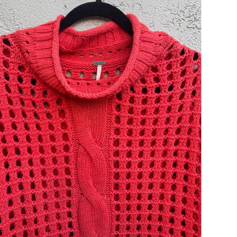 Free People Red Crochet Cable Knit Sweater Boho Oversized Roll Neck - Picture 3 of 8